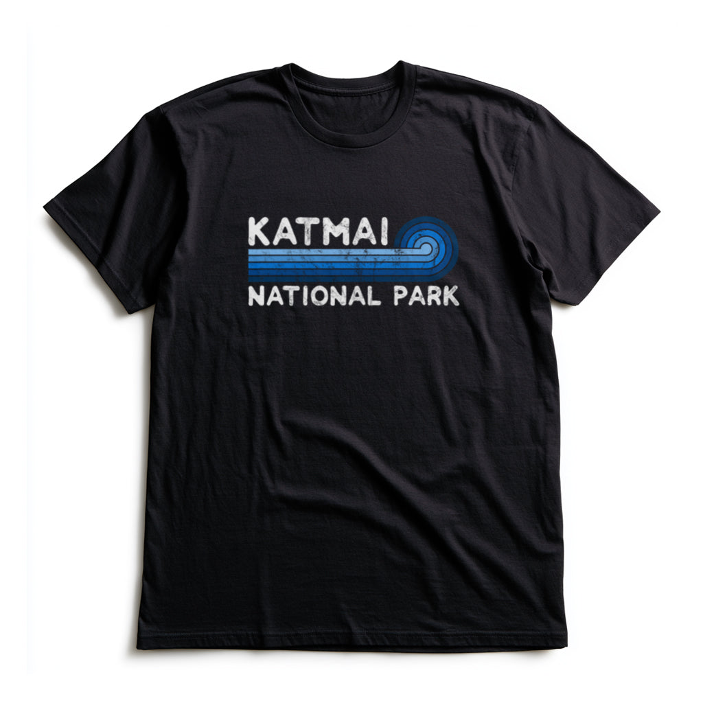 Katmai National Park T-Shirt - Blue Vintage Stretched Sunrise in Black