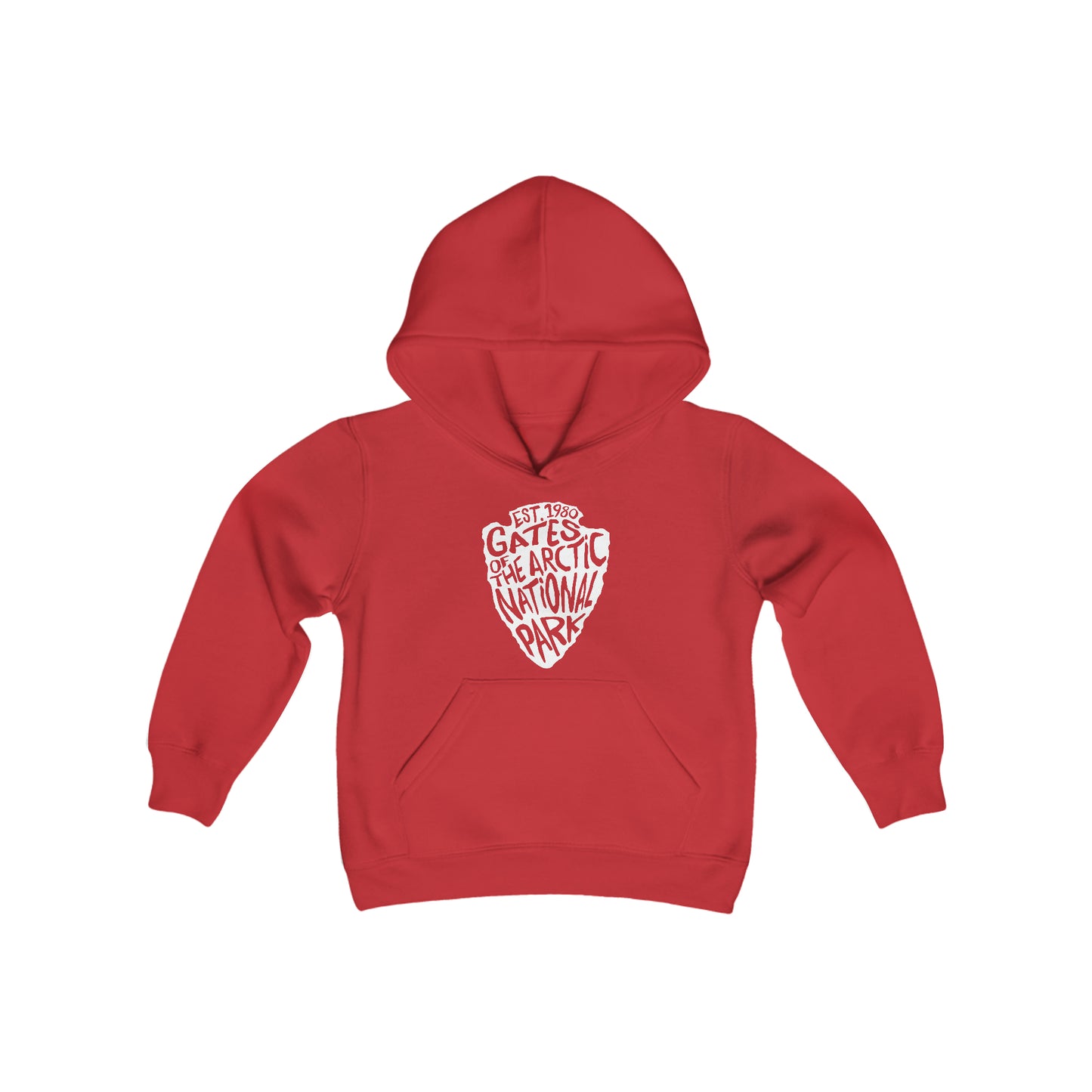 Gates of the Arctic National Park Kids hoodie — National Park Service arrowhead design — front view in red