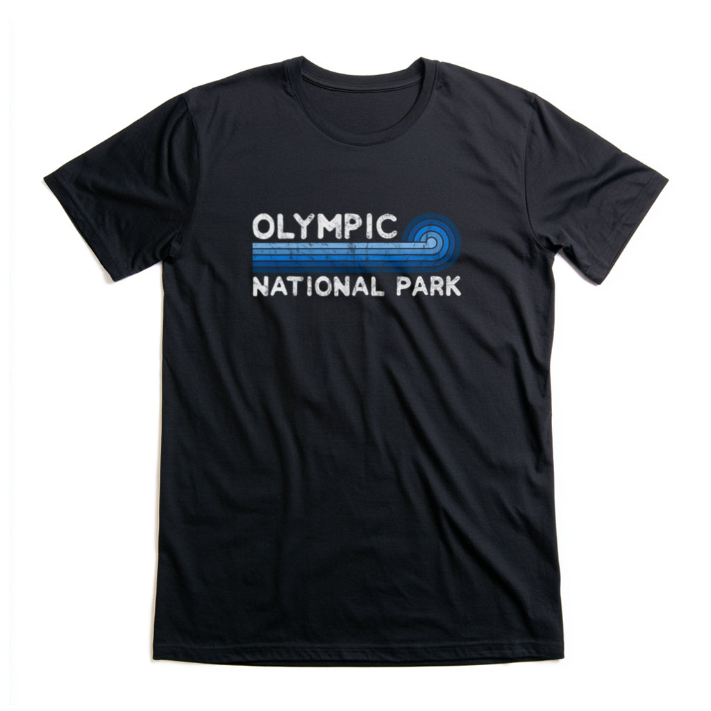 Olympic National Park T-Shirt - Blue Vintage Stretched Sunrise in Black