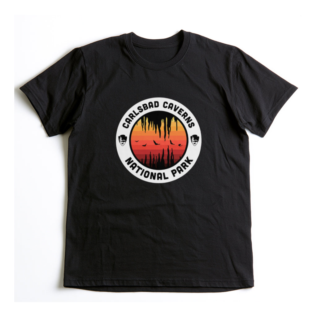 Carlsbad Caverns National Park T-Shirt - Round Badge Design Reds in Black