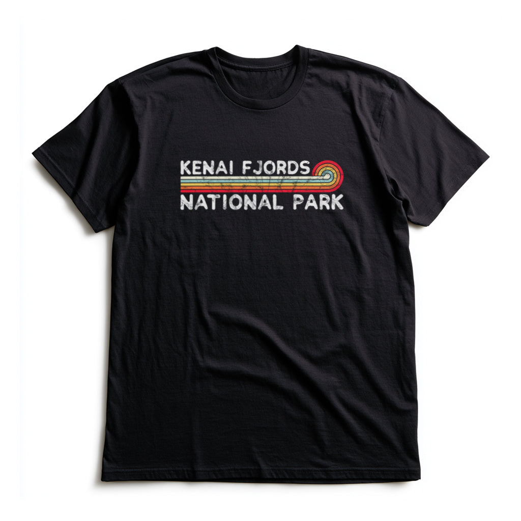 Kenai Fjords National Park T-Shirt - Vintage Stretched Sunrise in Black