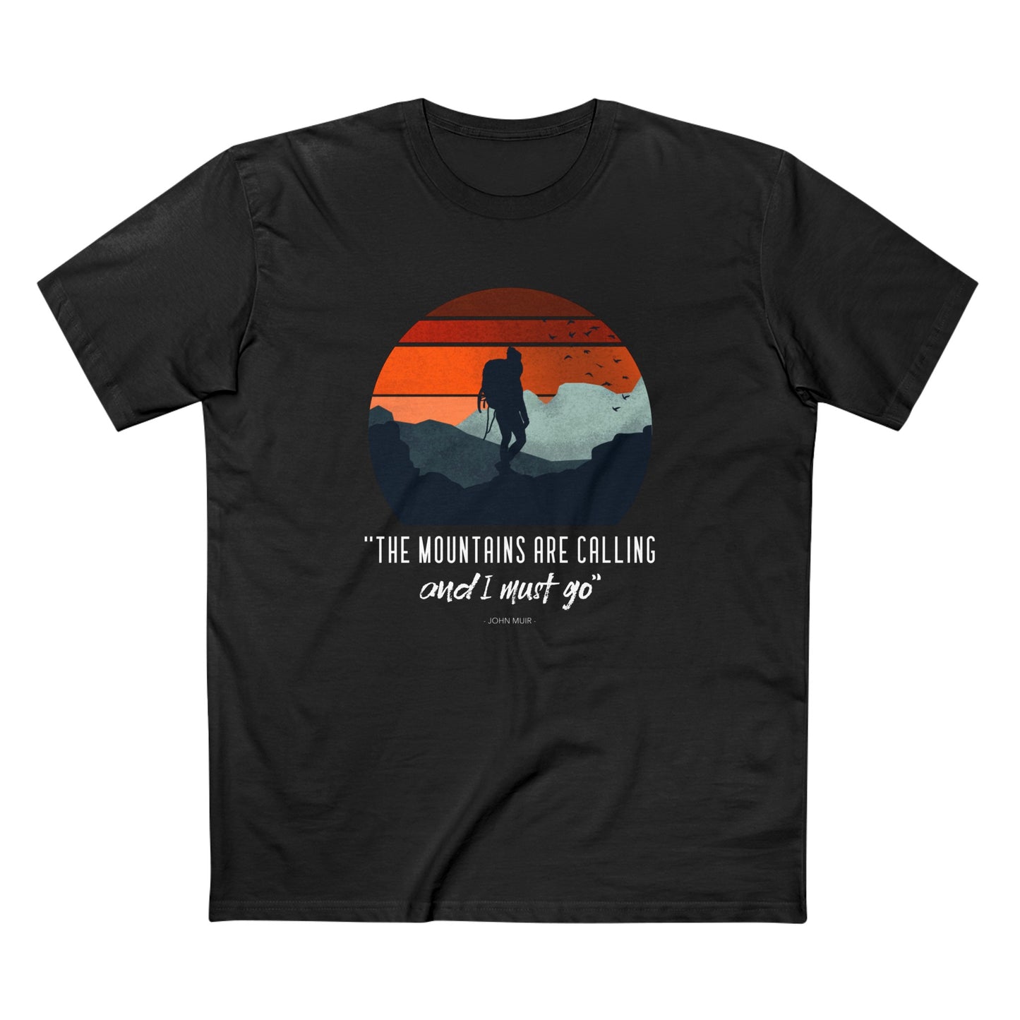 Black T-shirt with a graphic print of a mountain range and a sunset, and the text 'The mountains are calling and I must go'.