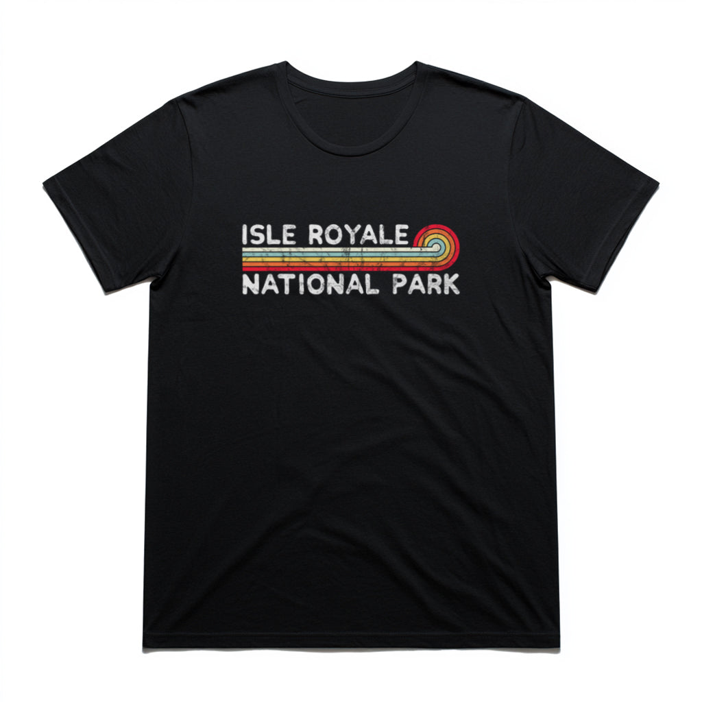 Isle Royale National Park T-Shirt - Vintage Stretched Sunrise in Black