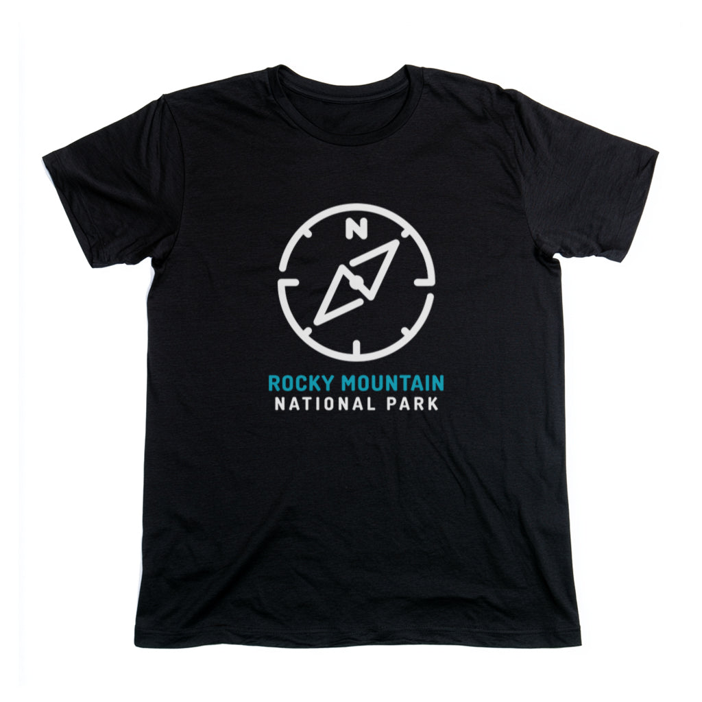 Rocky Mountain National Park T-Shirt Compass Design in Black