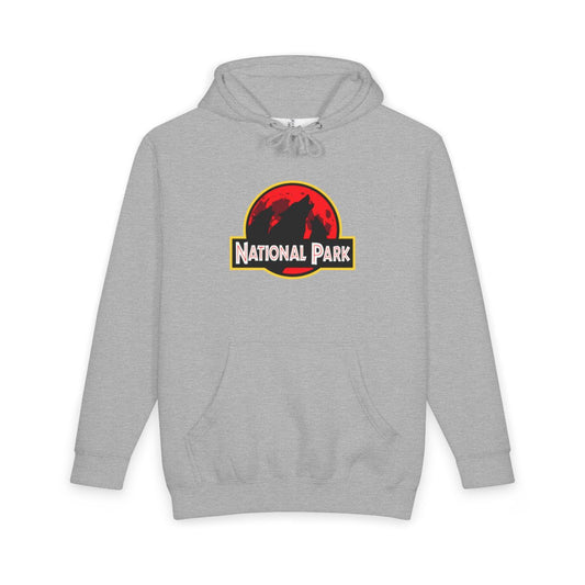 Heather Grey 3 Wolf National Park hoodie, front view with parody logo