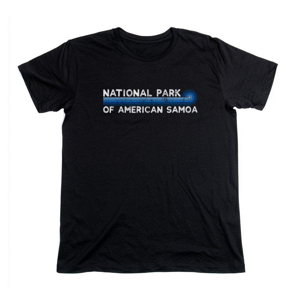 National Park of American Samoa T-Shirt - Blue Vintage Stretched Sunrise in Black