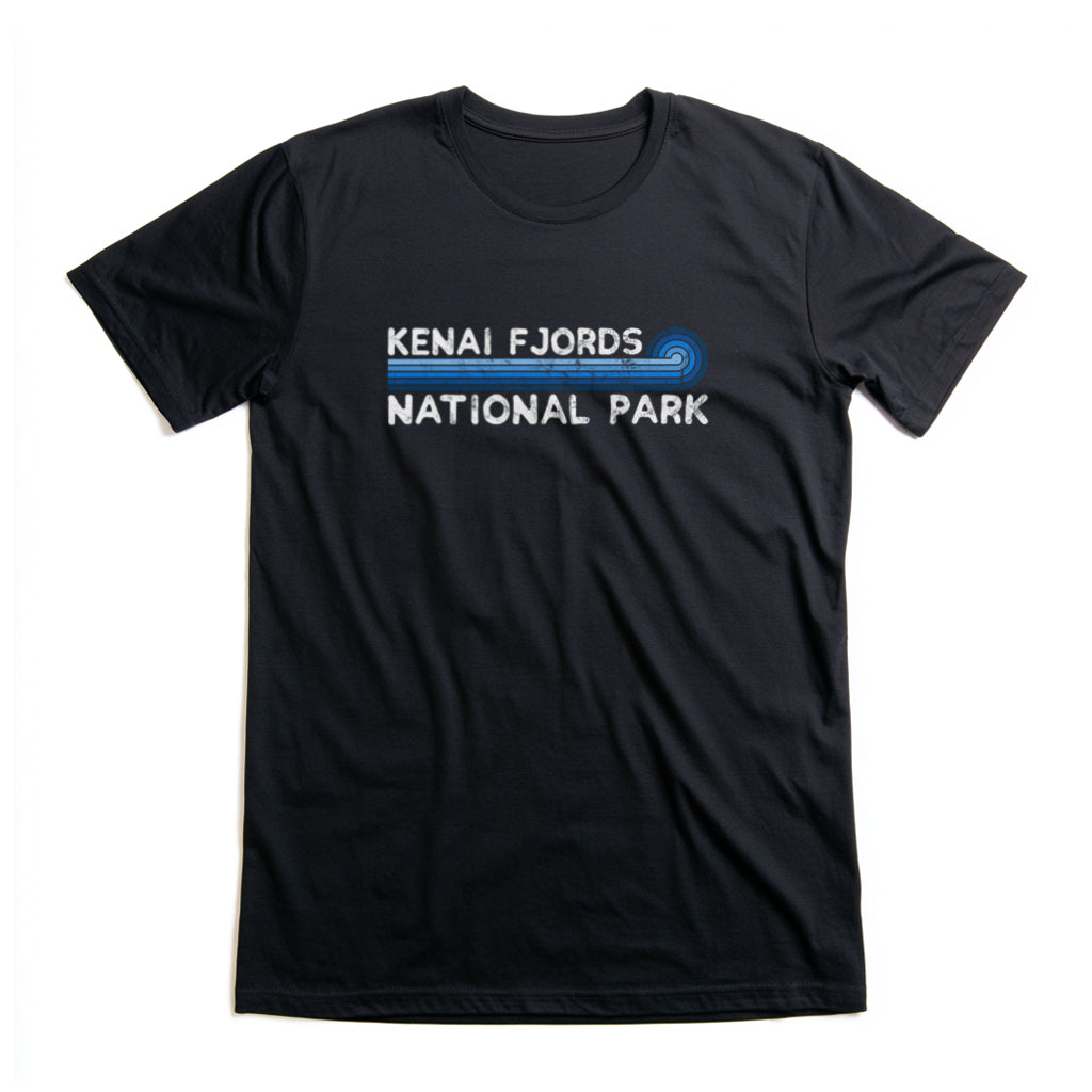 Kenai Fjords National Park T-Shirt - Blue Vintage Stretched Sunrise in Black