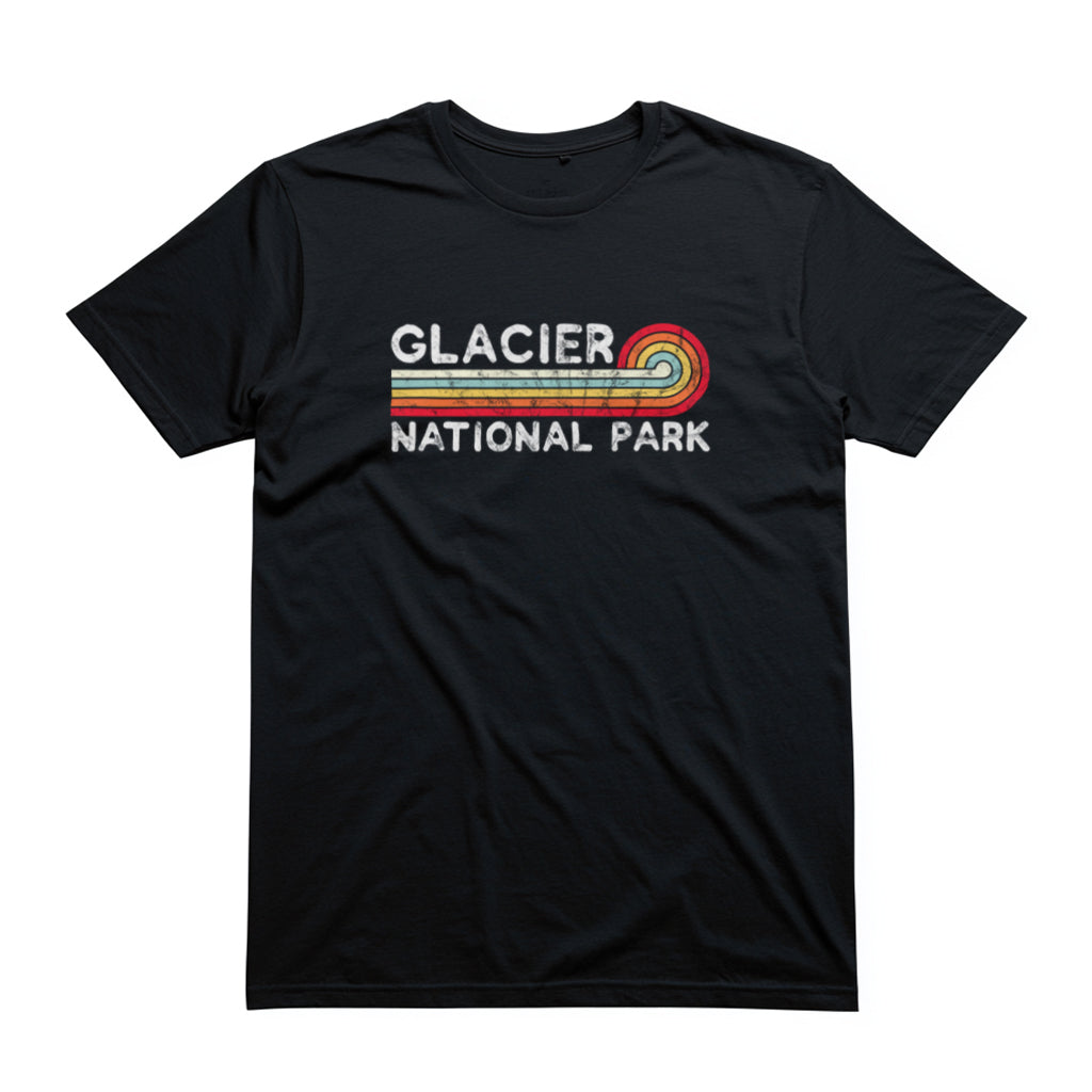 Glacier National Park T-Shirt - Vintage Stretched Sunrise in Black
