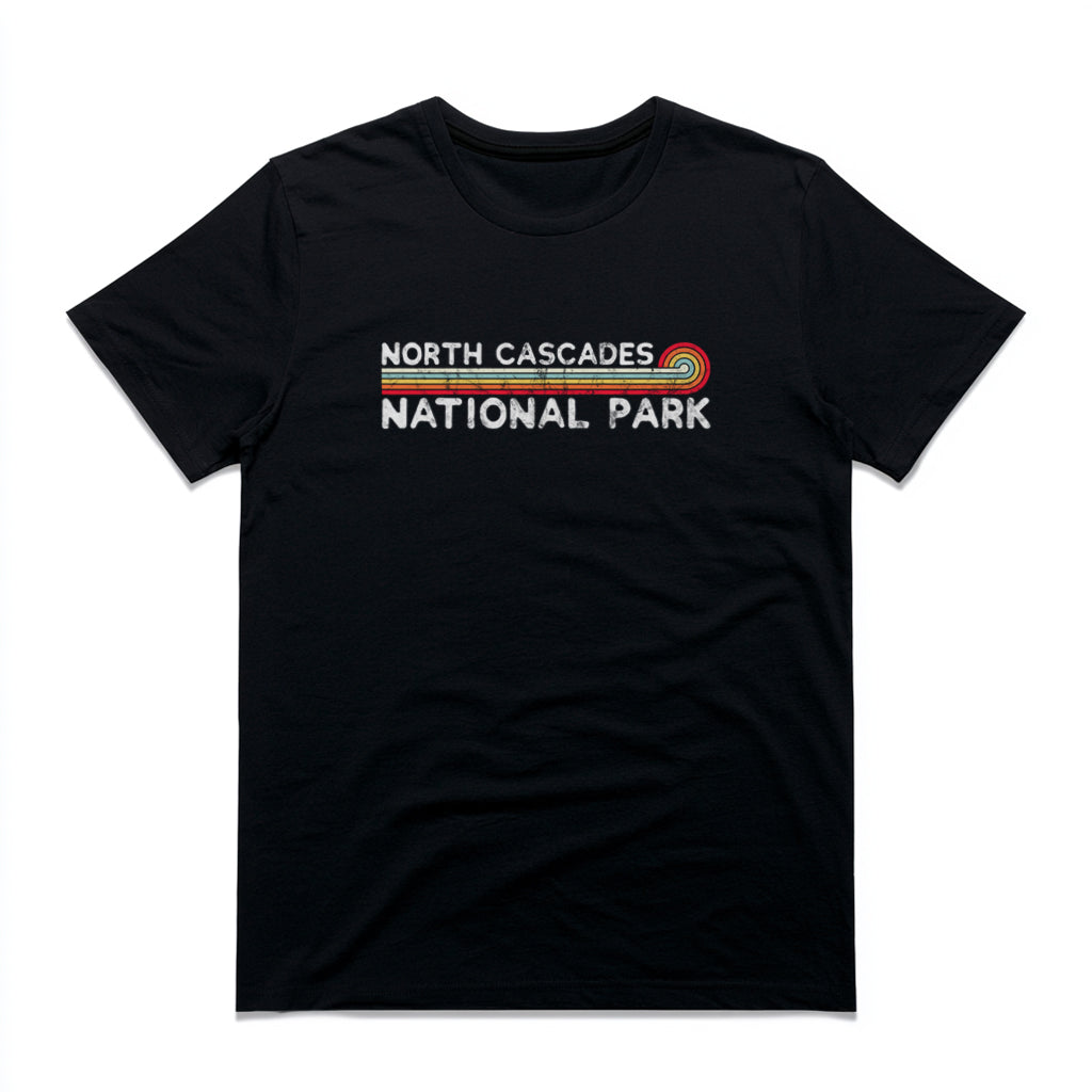 North Cascades National Park T-Shirt - Vintage Stretched Sunrise in Black