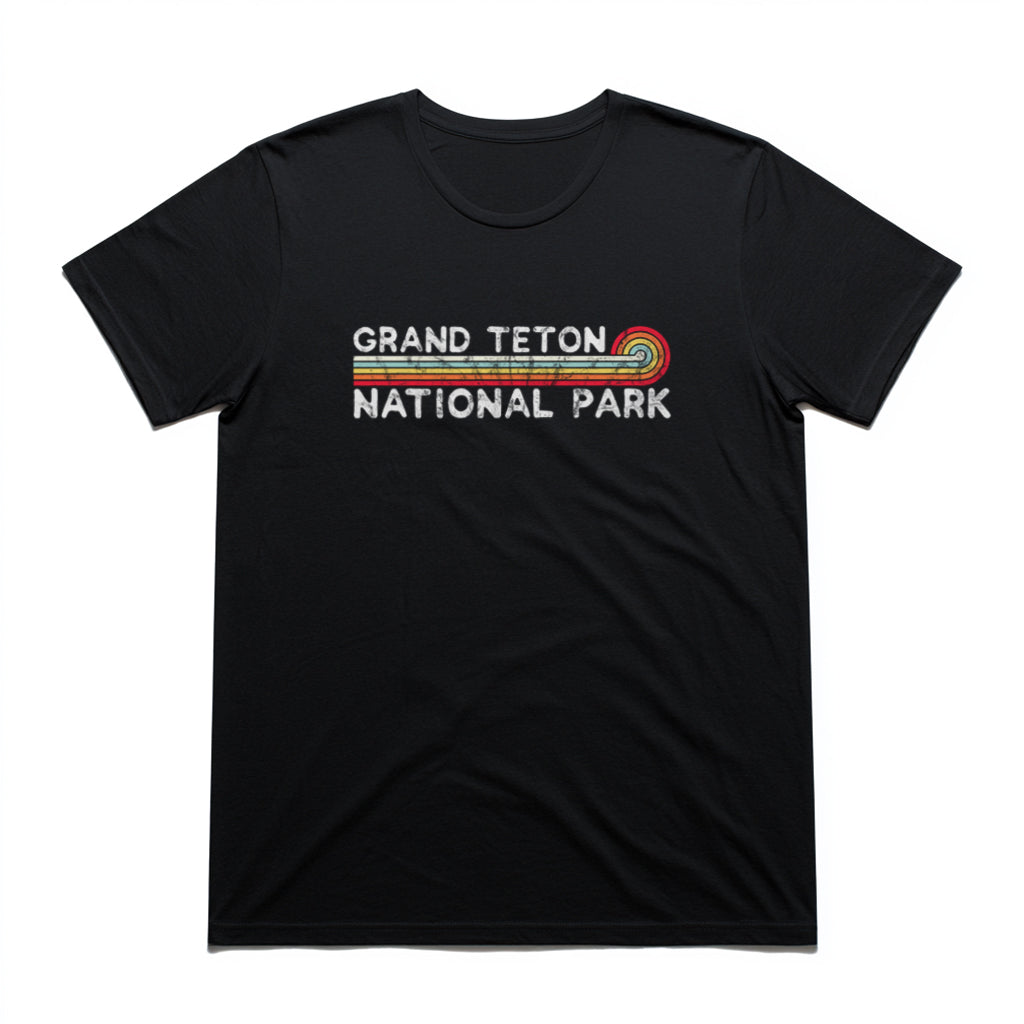 Grand Teton National Park T-Shirt - Vintage Stretched Sunrise in Black