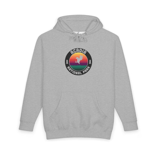 Heather Grey Acadia National Park hoodie, front view with round emblem design