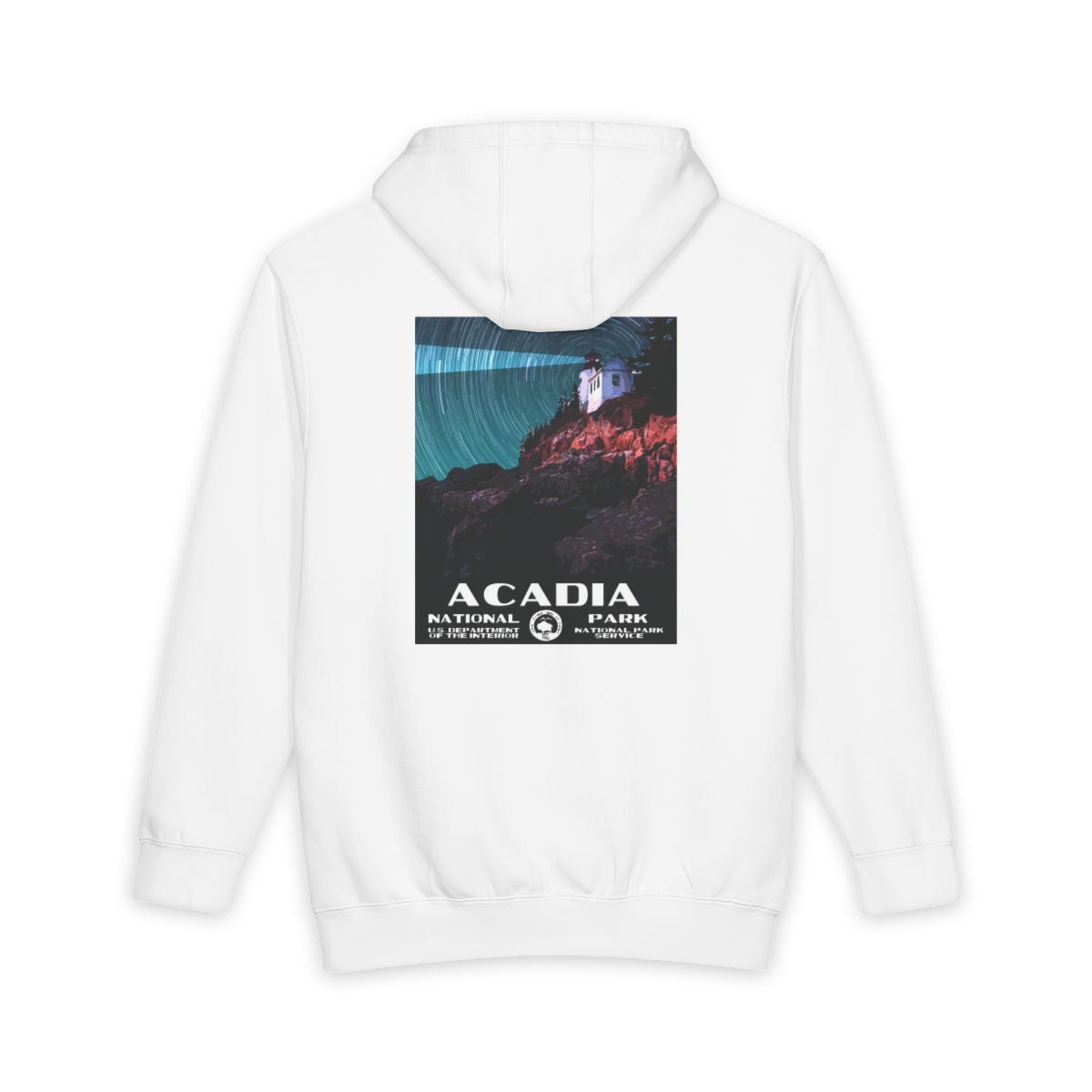 White Acadia National Park hoodie, back view with national park poster artwork