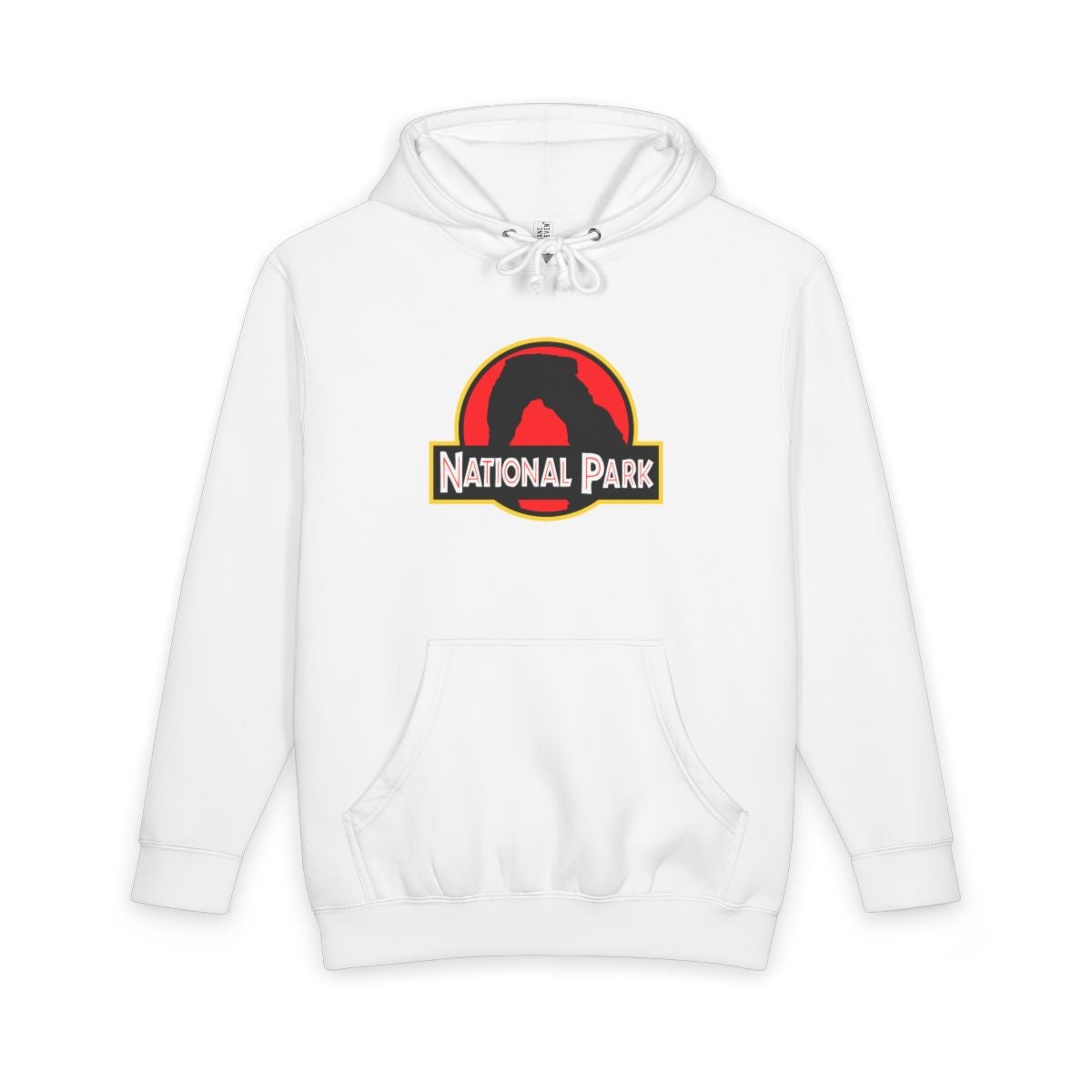 White Arches National Park hoodie, front view with delicate arch parody logo