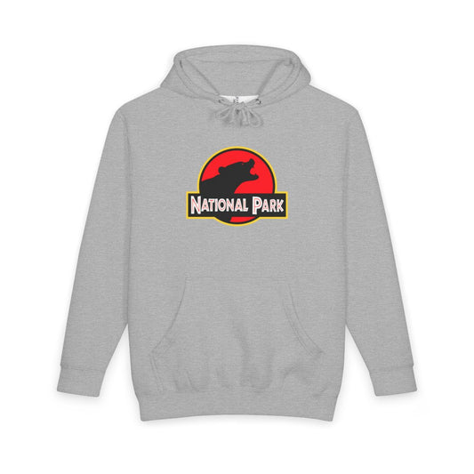 Heather Grey Bear National Park hoodie, front view with parody logo