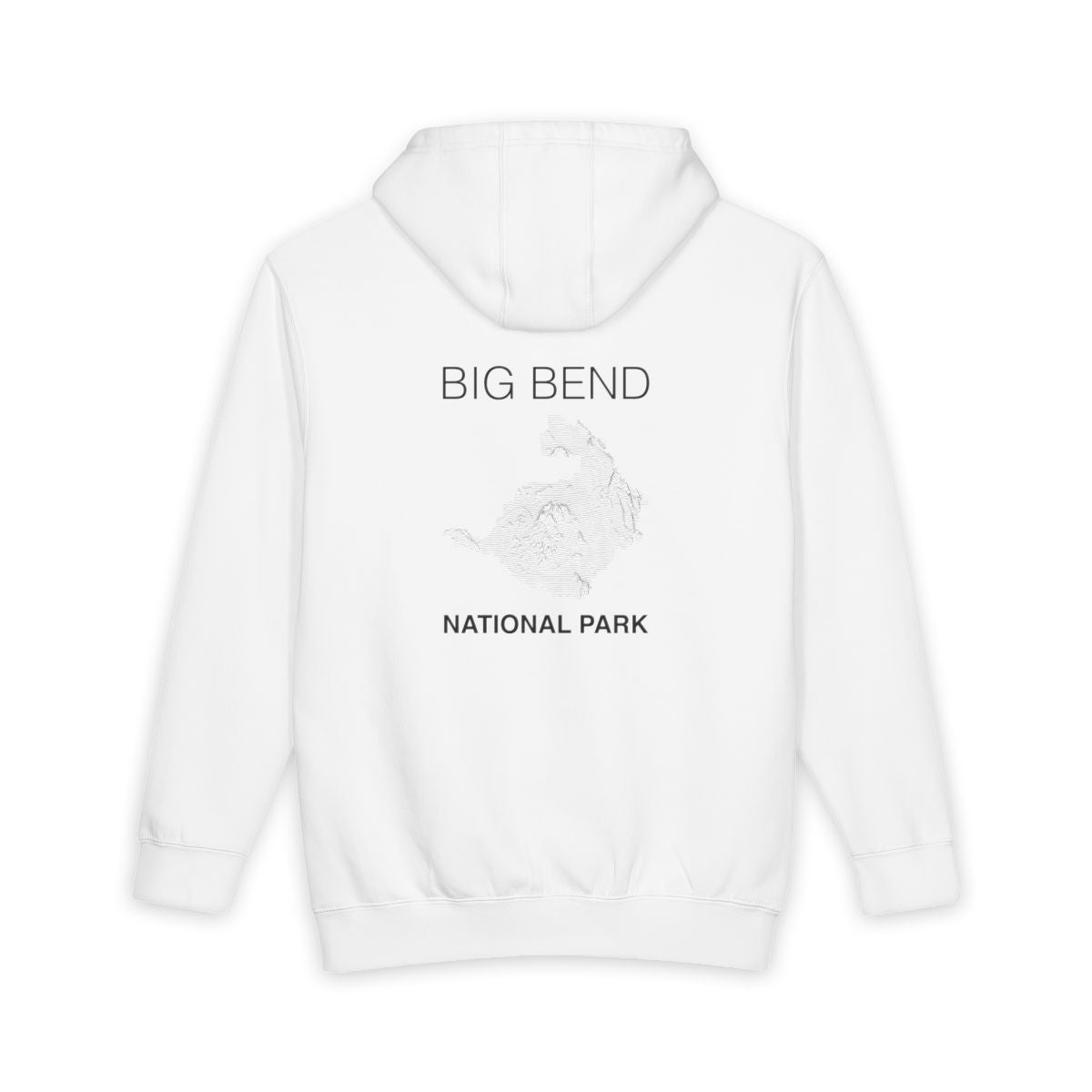 White Big Bend National Park hoodie, back view with topographic line design