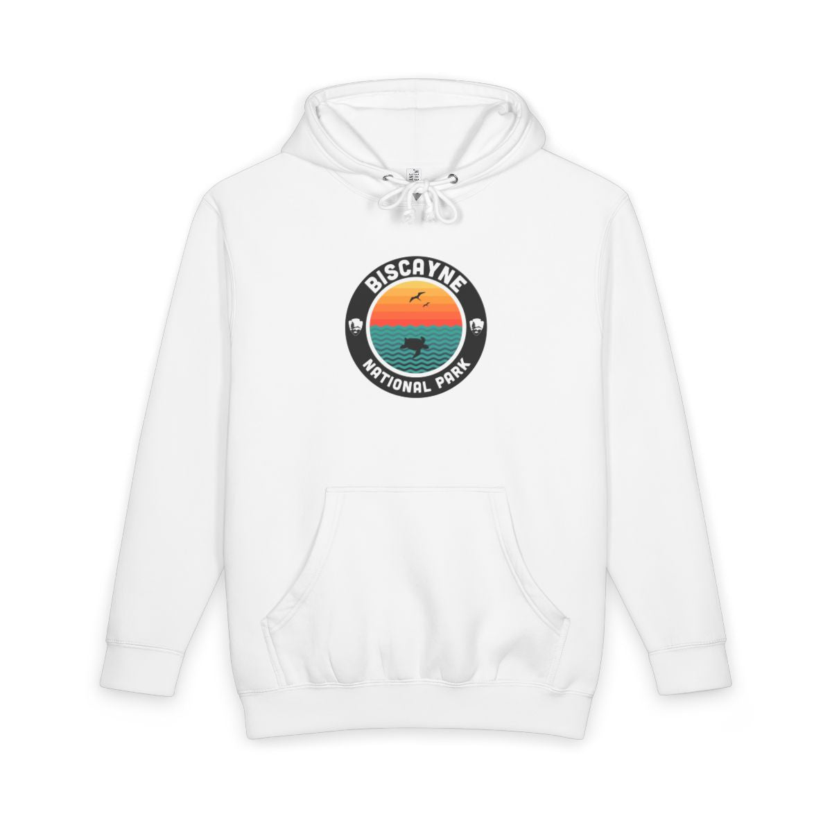 White Biscayne National Park hoodie, front view with round emblem design