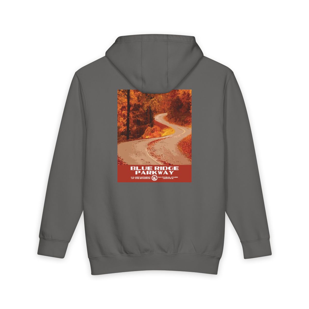 Storm Blue Ridge Parkway hoodie, back view with national park poster artwork