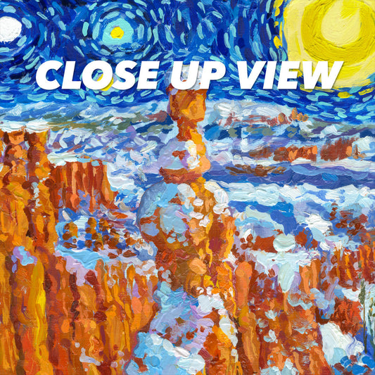 Close-up view of the Bryce Canyon National Park Starry Night poster artwork, showing colorful Van Gogh-inspired brushwork