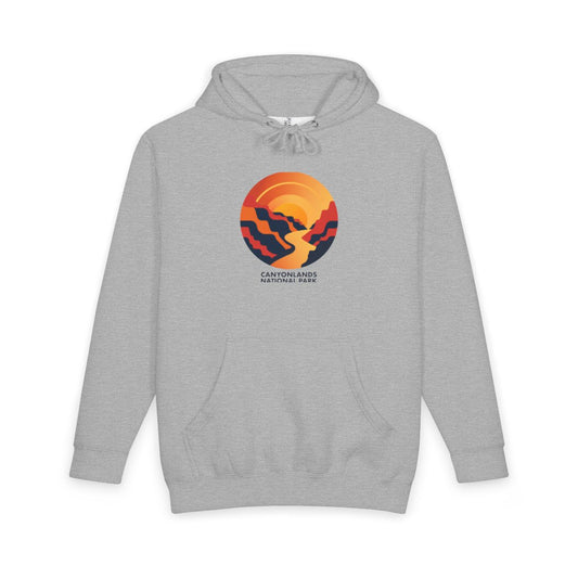 Heather Grey Canyonlands National Park hoodie, front view with round emblem design