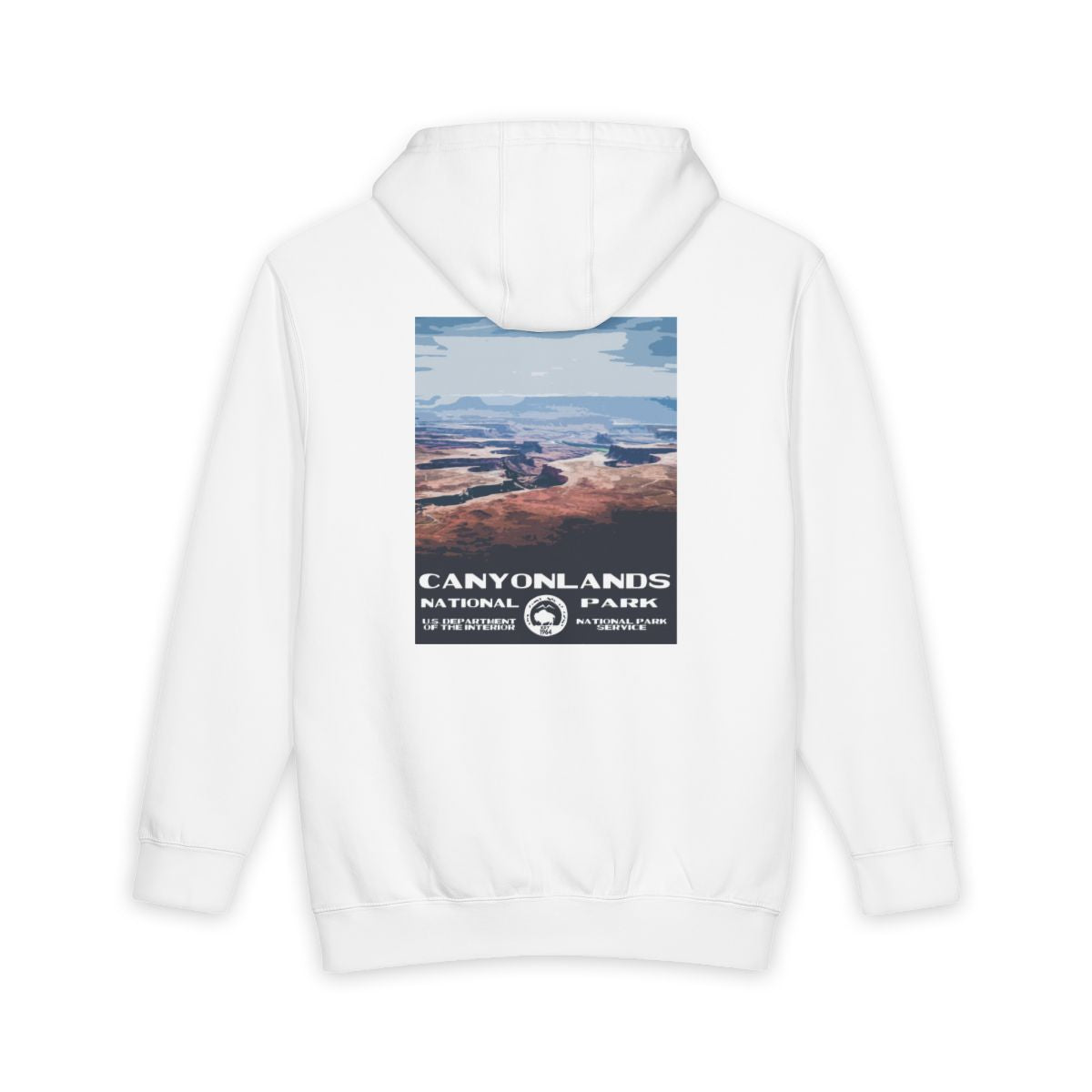 White Canyonlands National Park hoodie, back view with national park poster artwork