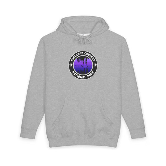 Heather Grey Carlsbad Caverns National Park hoodie, front view with purple round emblem design