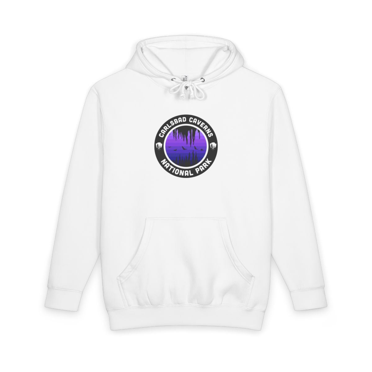 White Carlsbad Caverns National Park hoodie, front view with purple round emblem design