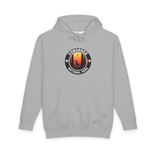 Heather Grey Congaree National Park hoodie, front view with round emblem design