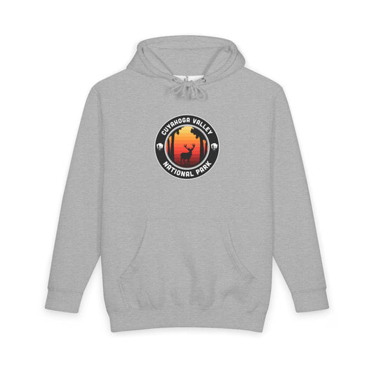 Heather Grey Cuyahoga Valley National Park hoodie, front view with round emblem design