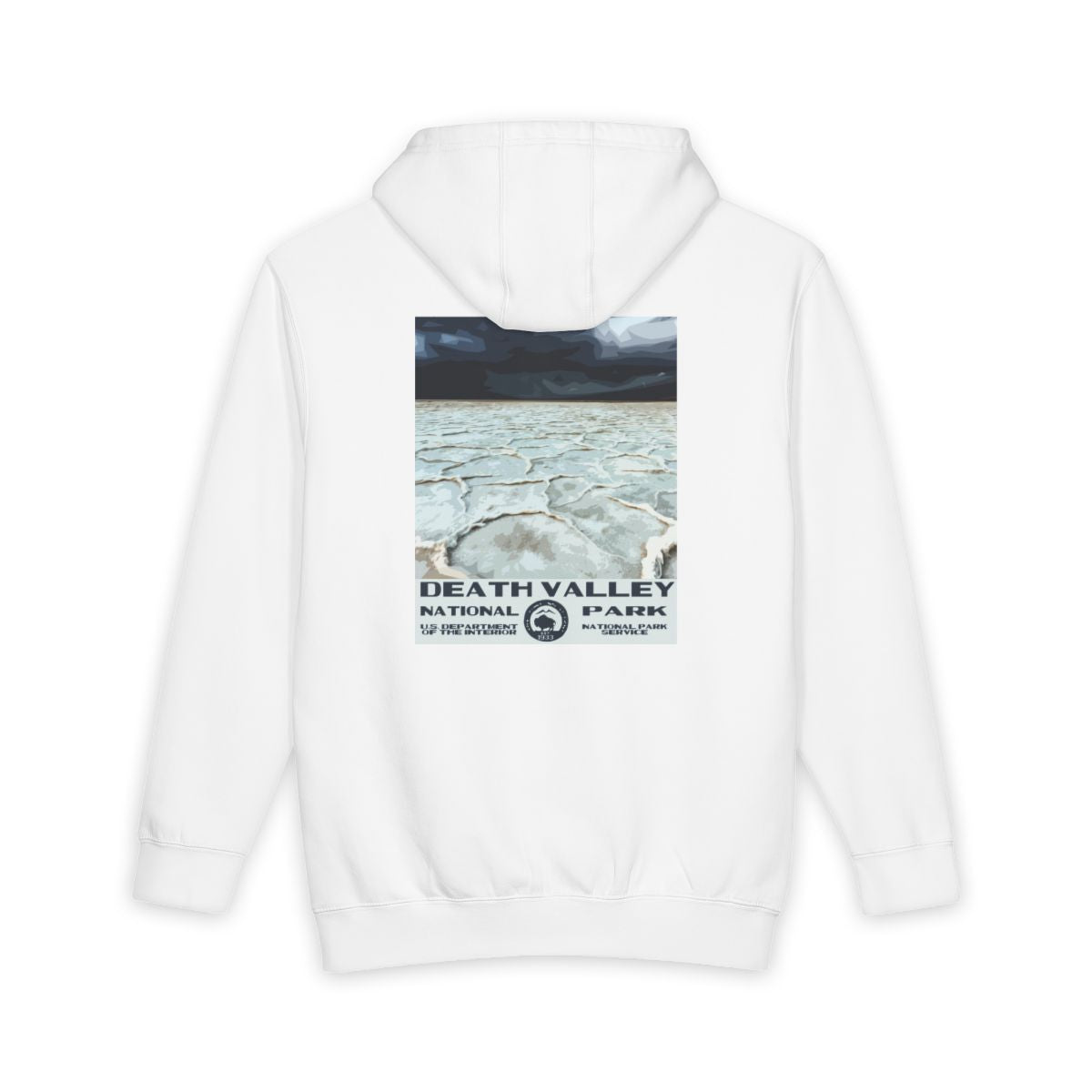 White Death Valley National Park hoodie, back view with badwater basin poster artwork