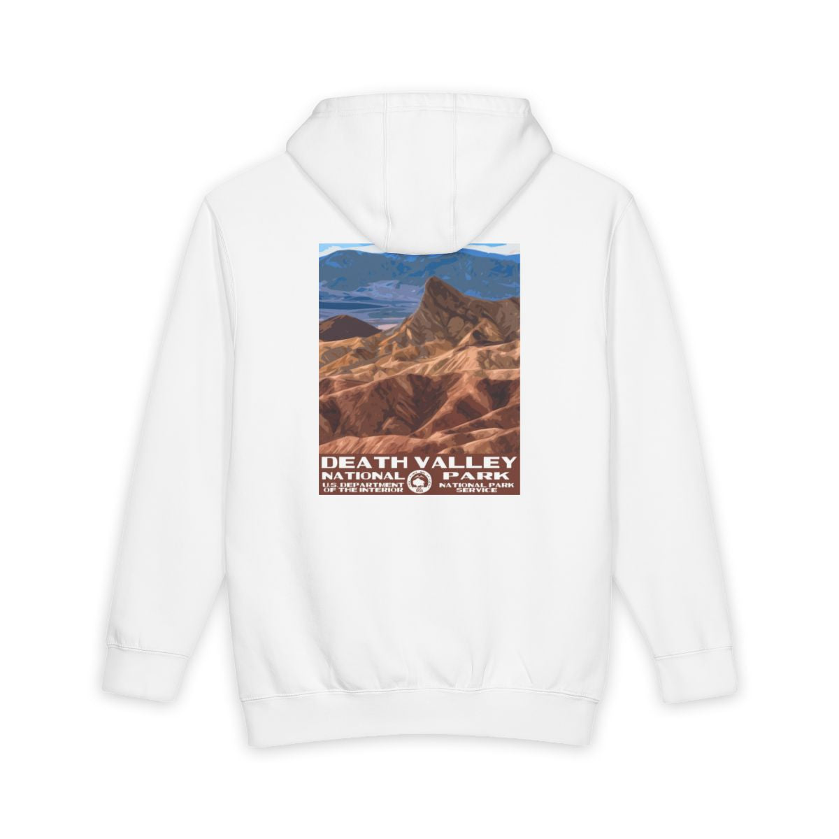 White Death Valley National Park hoodie, back view with national park poster artwork