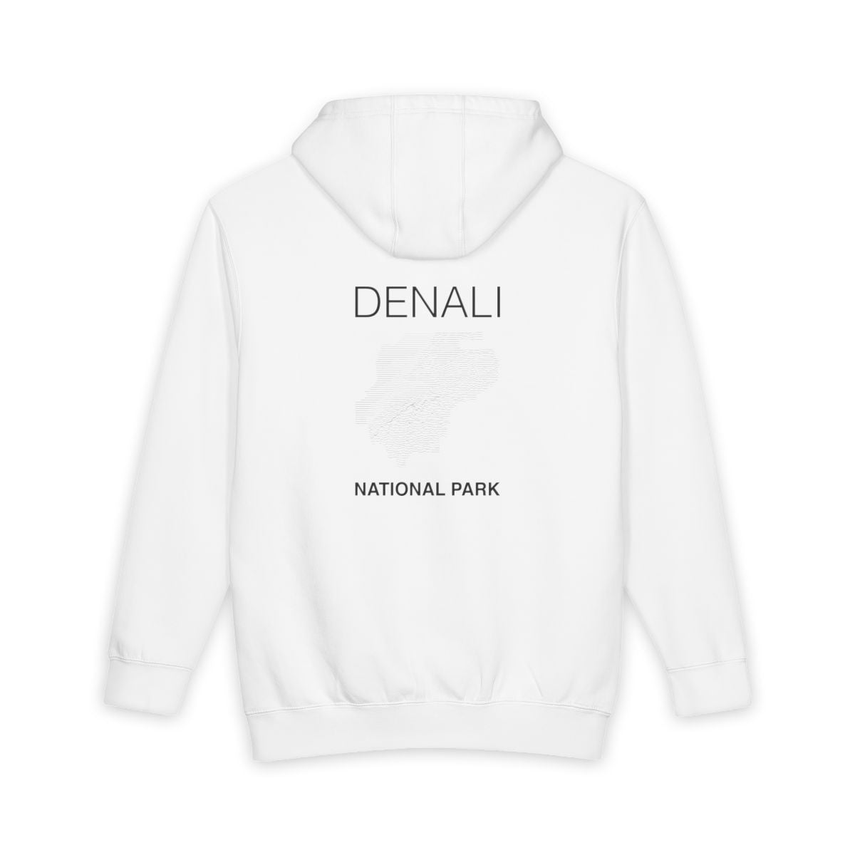 White Denali National Park hoodie, back view with topographic line design