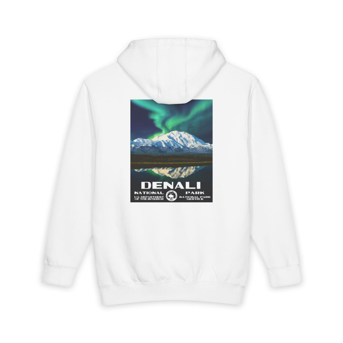 White Denali National Park hoodie, back view with national park poster artwork