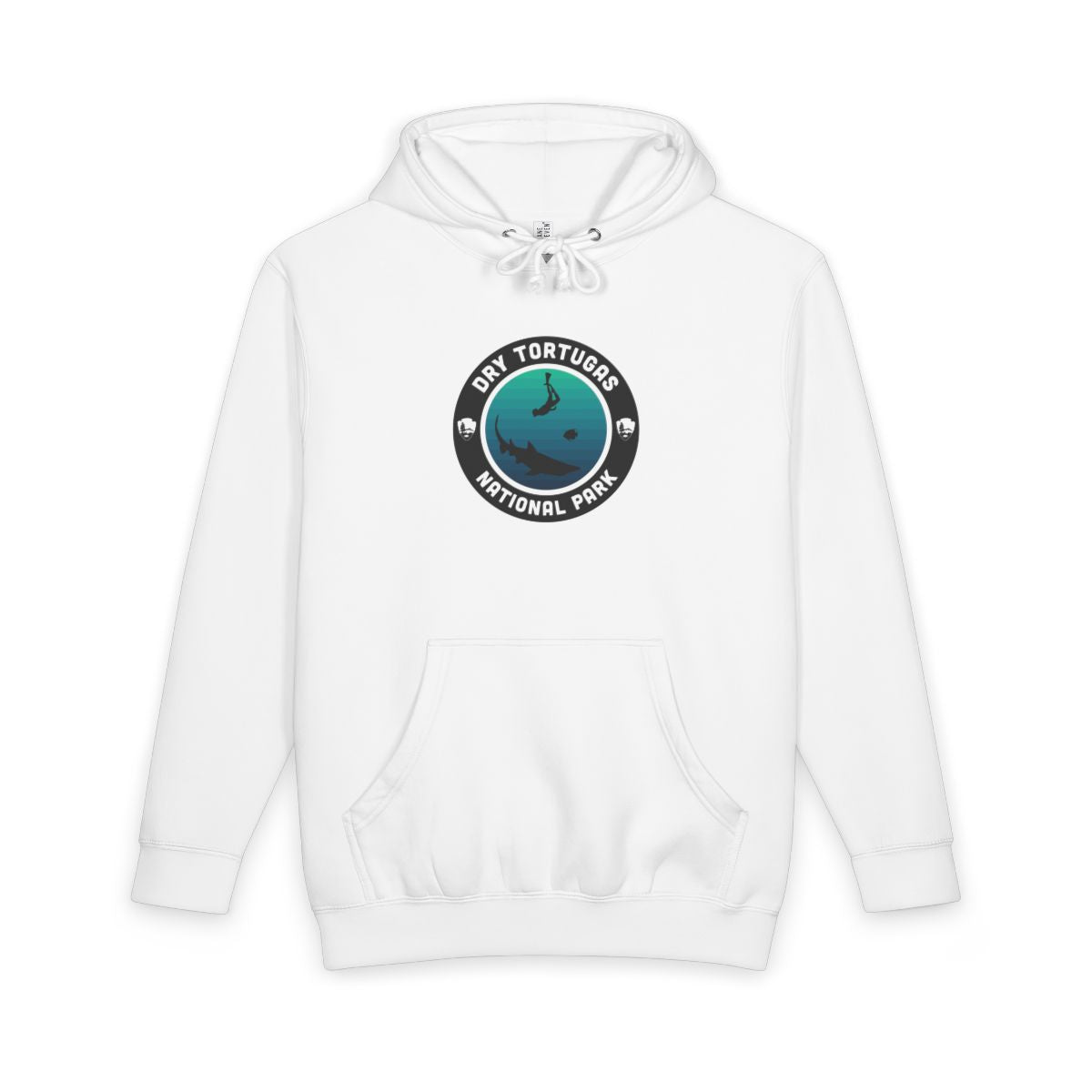 White Dry Tortugas National Park hoodie, front view with round emblem design