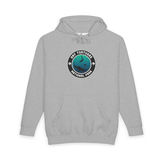 Heather Grey Dry Tortugas National Park hoodie, front view with round emblem design