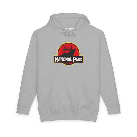 Heather Grey Elk National Park hoodie, front view with parody logo