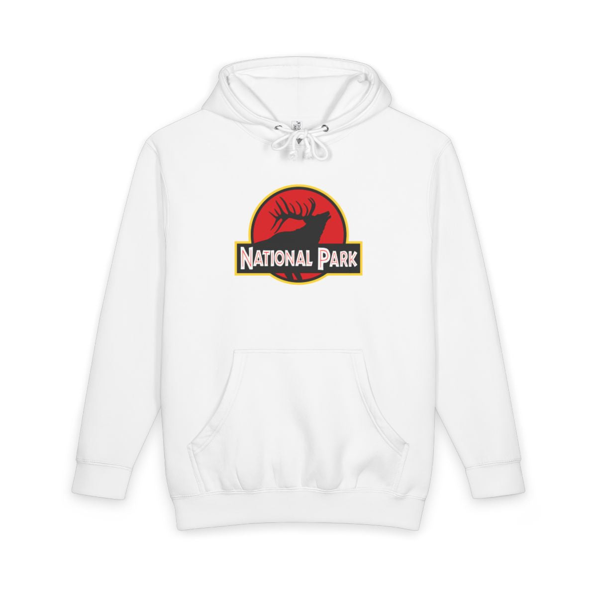 White Elk National Park hoodie, front view with parody logo
