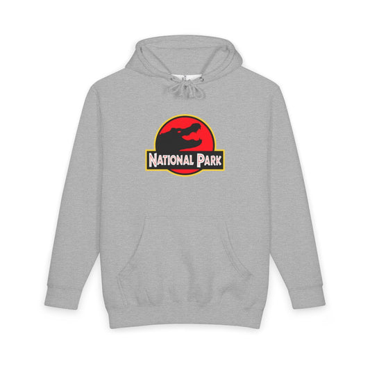 Heather Grey Everglades National Park hoodie, front view with parody logo
