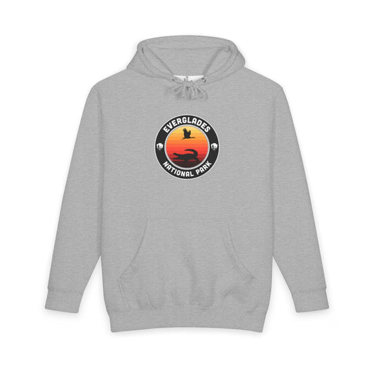 Heather Grey Everglades National Park hoodie, front view with round emblem design