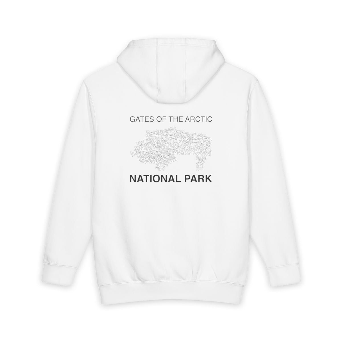 White Gates of the Arctic National Park hoodie, back view with topographic line design