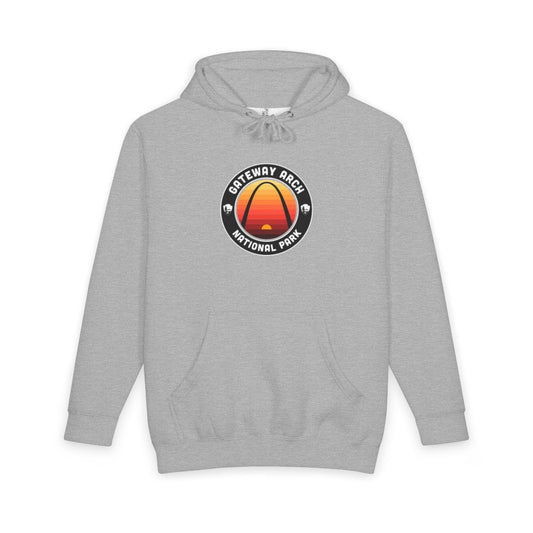 Heather Grey Gateway Arch National Park hoodie, front view with round emblem design