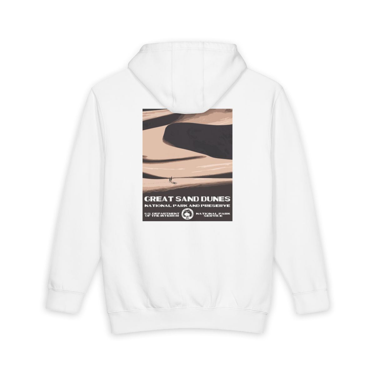 White Great Sand Dunes National Park hoodie, back view with national park poster artwork