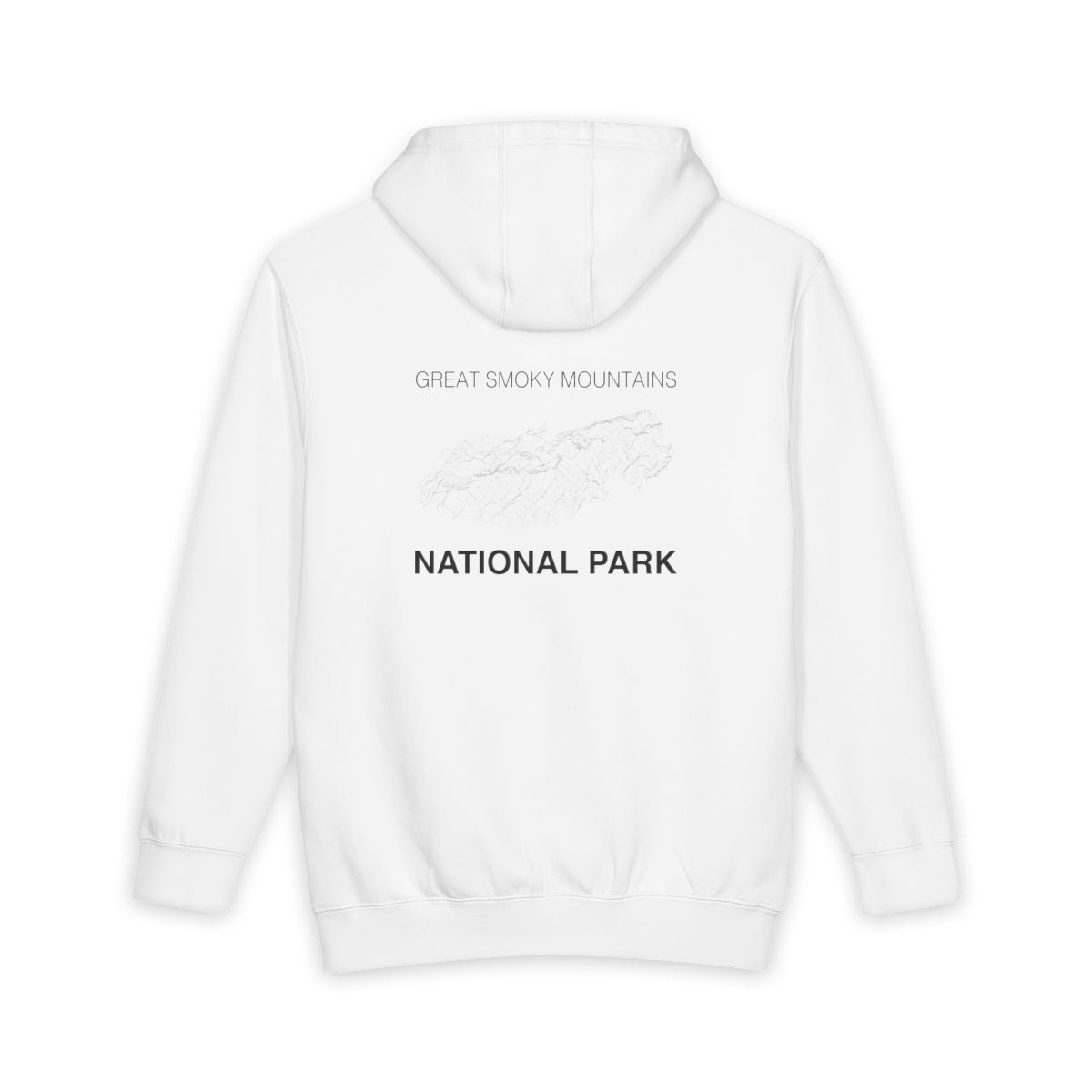 White Great Smoky Mountains National Park hoodie, back view with topographic line design
