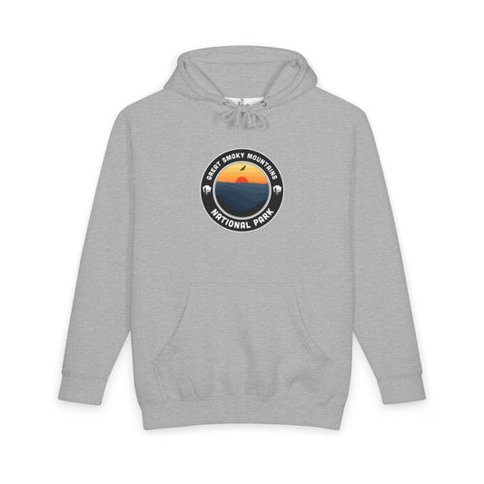 Heather Grey Great Smoky Mountains National Park hoodie, front view with round emblem design