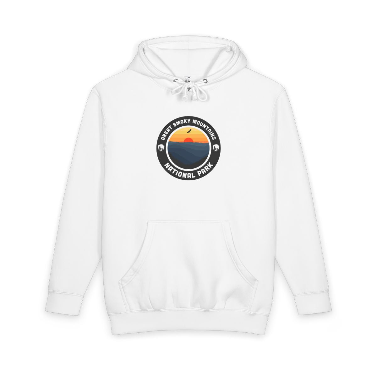White Great Smoky Mountains National Park hoodie, front view with round emblem design