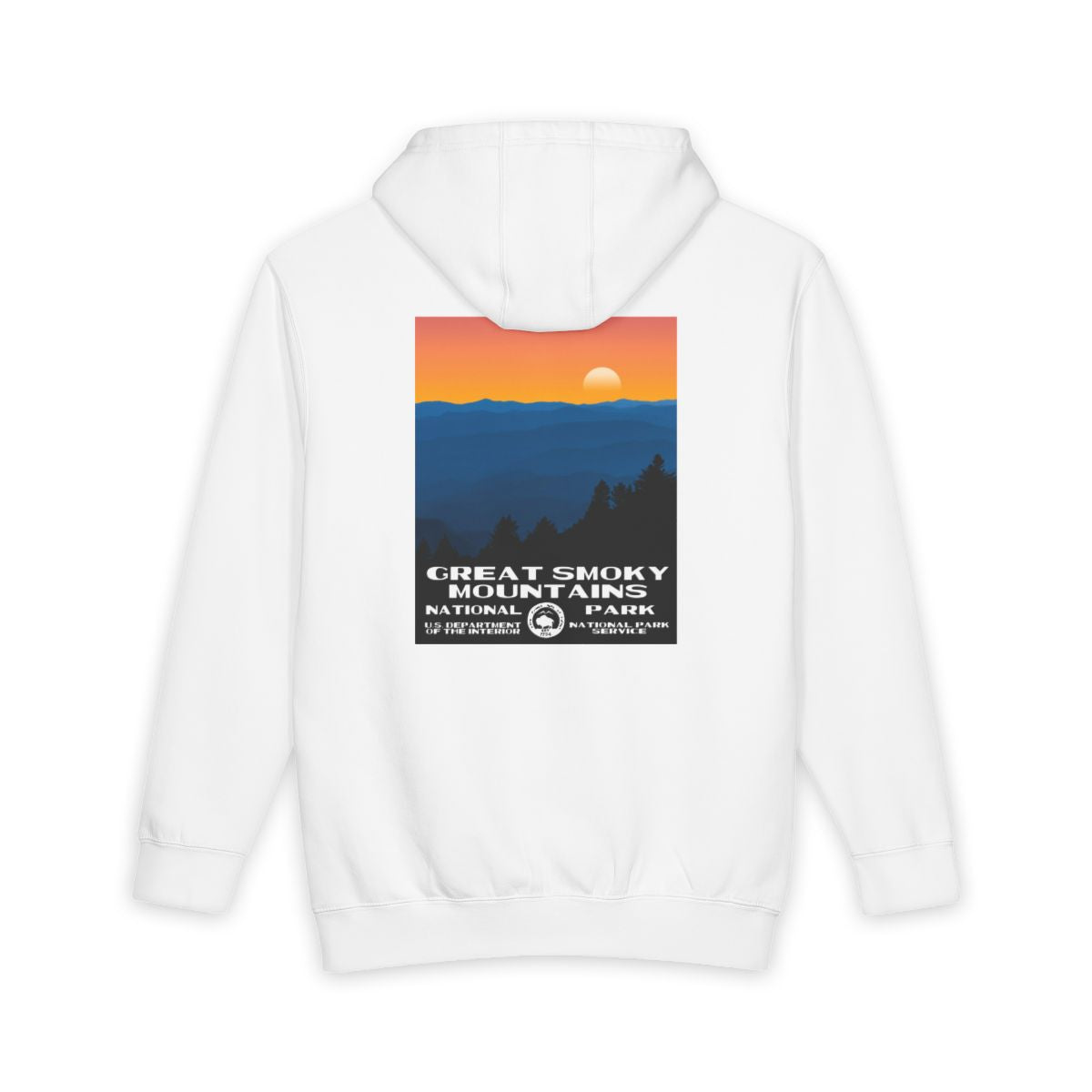 White Great Smoky Mountains National Park hoodie, back view with national park poster artwork