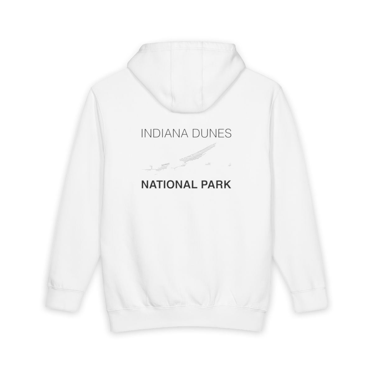 White Indiana Dunes National Park hoodie, back view with topographic line design