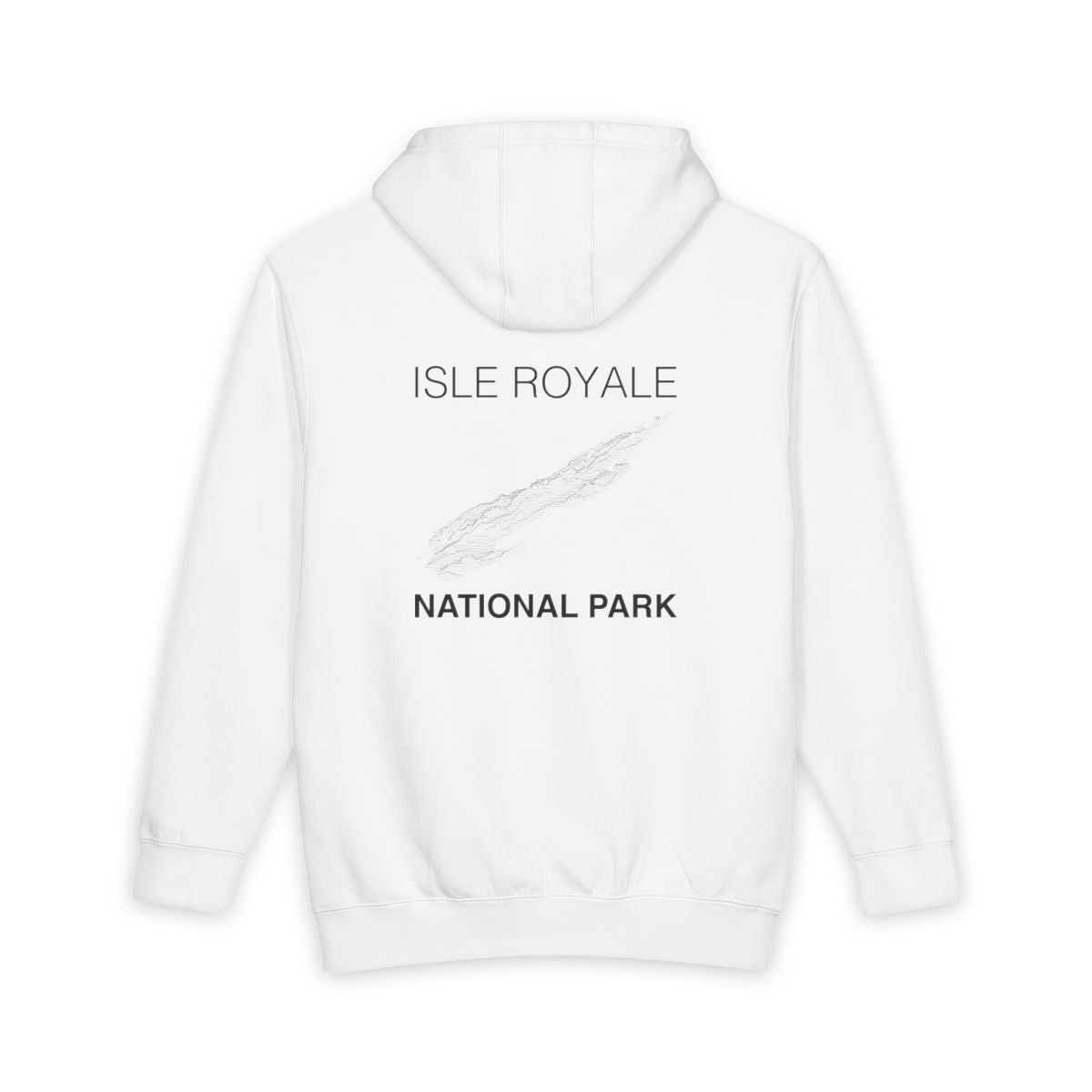White Isle Royale National Park hoodie, back view with topographic line design