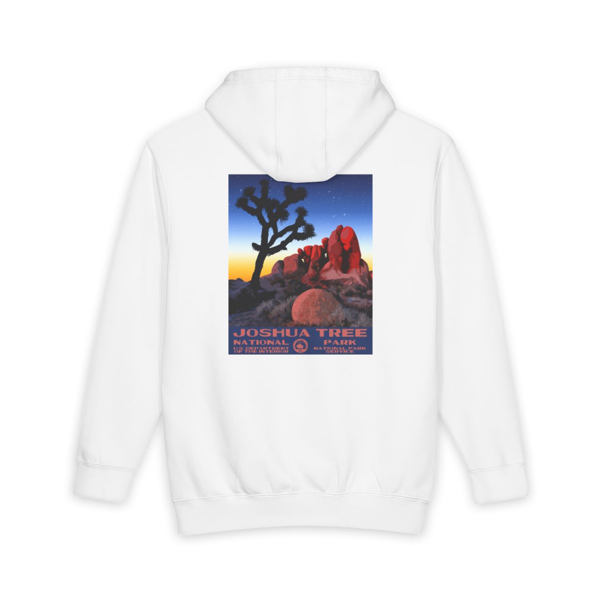 White Joshua Tree National Park hoodie, back view with skull rock poster artwork