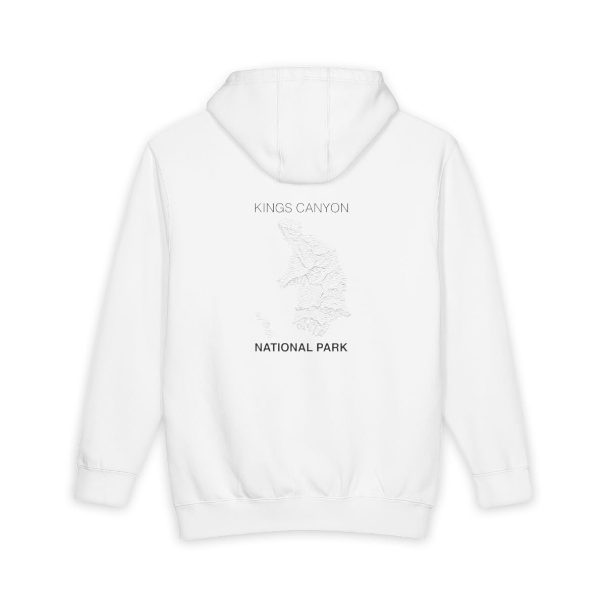 White Kings Canyon National Park hoodie, back view with topographic line design