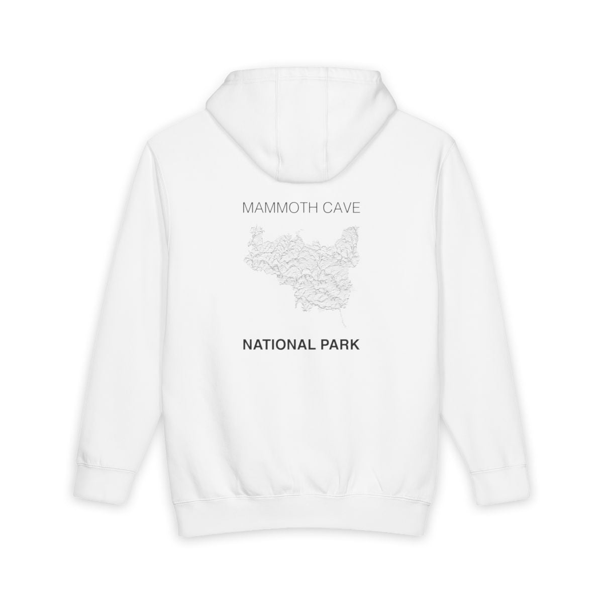 White Mammoth Cave National Park hoodie, back view with topographic line design